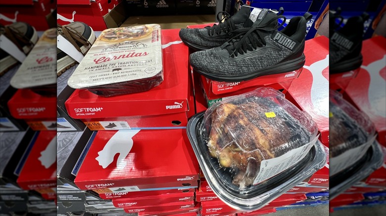 Food abandoned in the Costco shoe section.