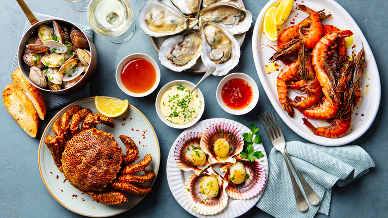 Various seafood dishes at a restaurant.
