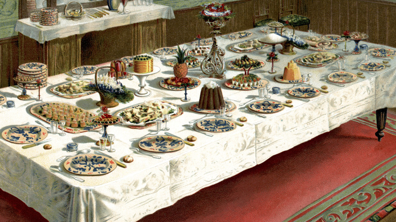 A lithograph of a Victorian supper table