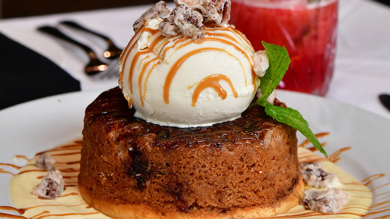Mastro's butter cake topped with ice cream.
