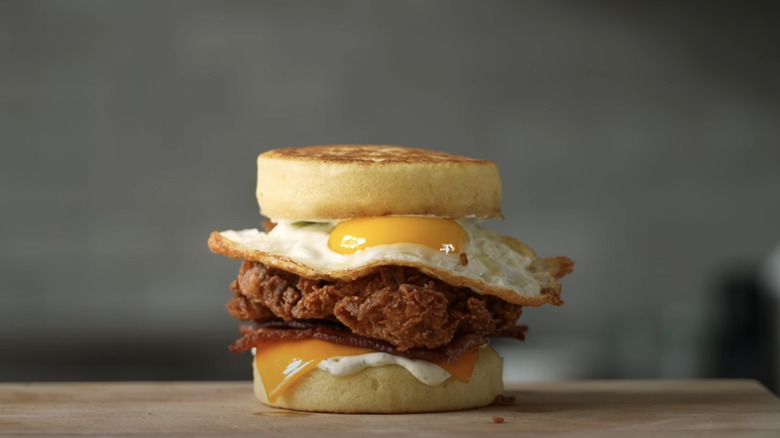 Homemade fried chicken breakfast sandwich with homemade McGriddle buns