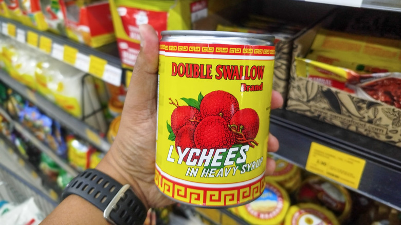 A can of lychees in heavy syrup