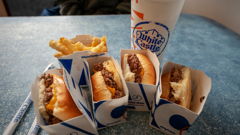 Pictured lineup of White Castle burgers.