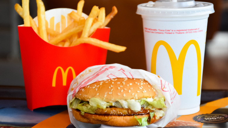 A McDonald's sandwich, fries, and soda