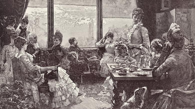 An artistic rendition of a Victorian-era dinner.