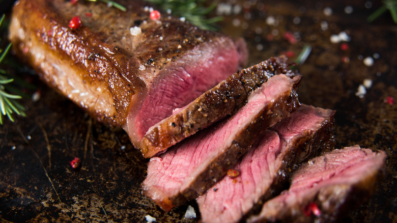 Seared and sliced New York strip steak
