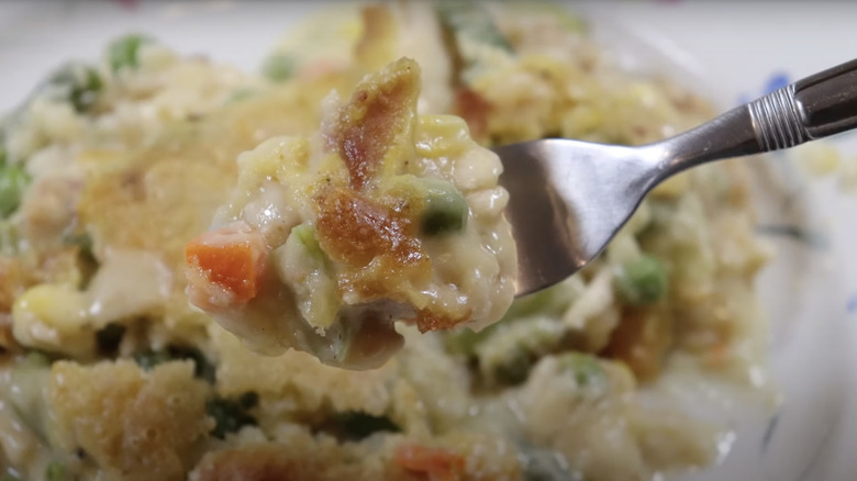 Forkful of chicken cobbler closeup