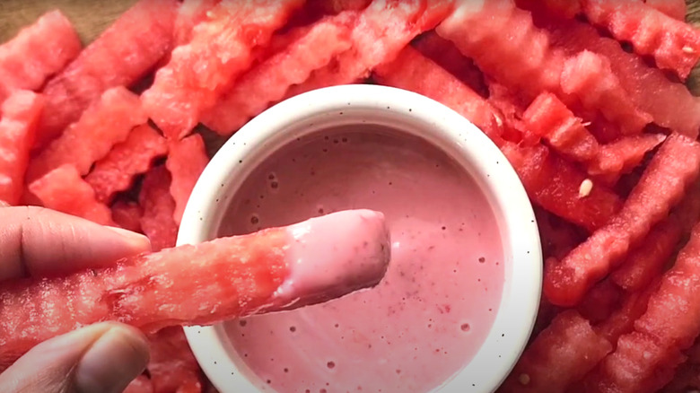 Bowl of watermelon fries and dip