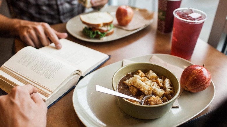 Panera Bread French onion soup with an apple