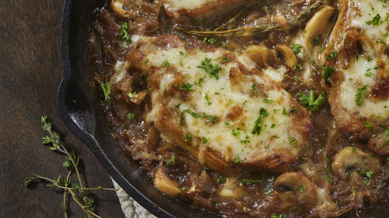 French onion pork chops in skillet