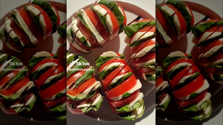 Hasselback tomato with mozzarella, basil, balsamic