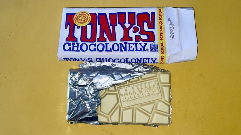 Unwrapped Tony Chocolonely White Chocolate Chocolate Bar