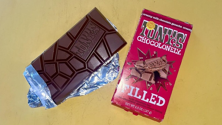 Unwrapped Tony Chocolonely Creamy Milk Chocolate Ganache Filled Chocolate Bar