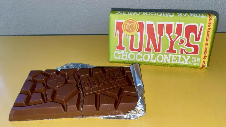 Unwrapped Tony Chocolonely Milk Chocolate Hazelnut Cookie Chocolate Bar