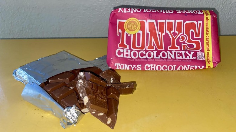 Unwrapped Tony Chocolonely Milk Chocolate Caramel Cookie Chocolate Bar