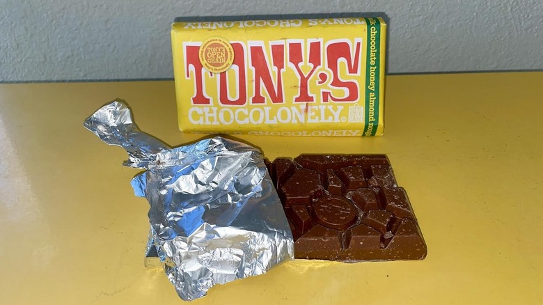 Unwrapped Tony Chocolonely Milk Chocolate Honey Almond Nougat Chocolate Bar