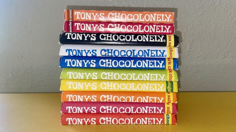 Stack of every flavor of Tony Chocolonely Chocolate Bars