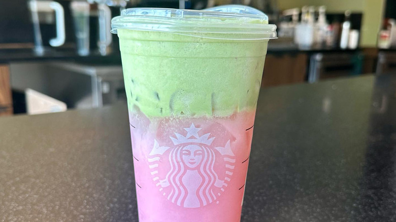 Starbucks Pink Drink with green tea matcha foam