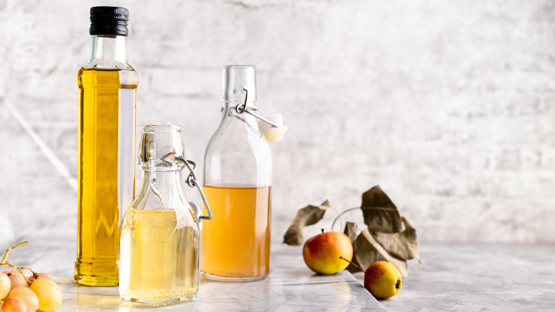 Glass bottles of various vinegars