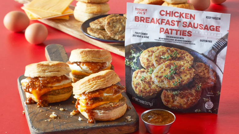A triad of breakfast sandwiches featuring Trader Joe's breakfast sausage patties.