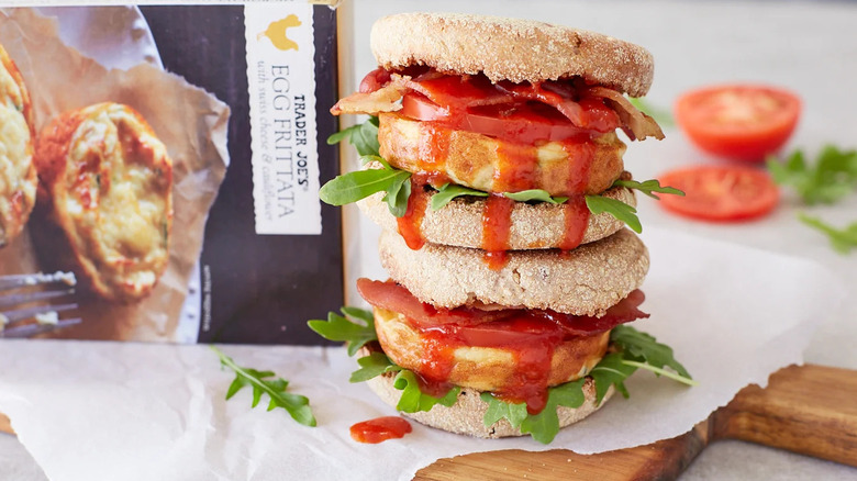 A stack of breakfast sandwiches featuring Trader Joe's egg frittatas.