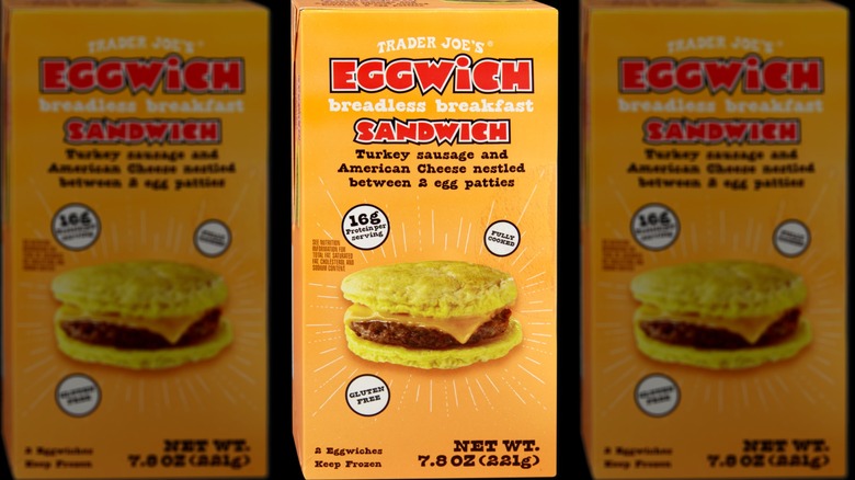 A box of Trader Joe's Eggwich Breadless Breakfast Sandwiches.