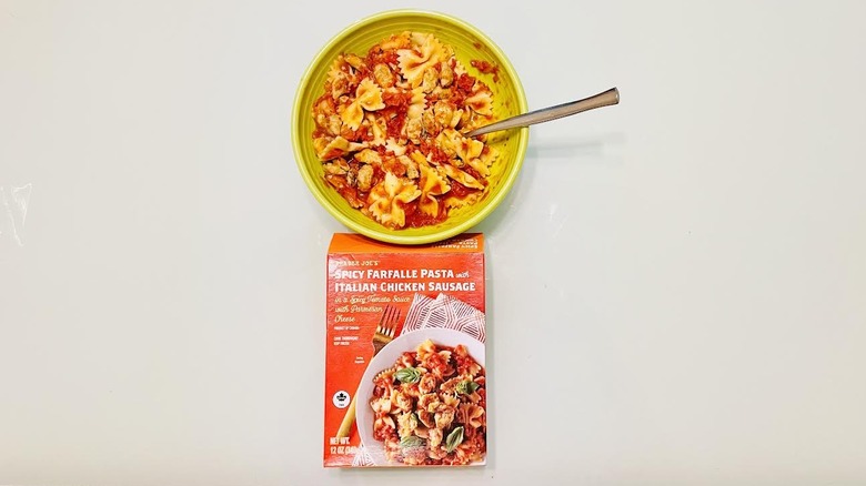 Box of Trader Joe's Spicy Farfalle Pasta with Italian Chicken Sausage