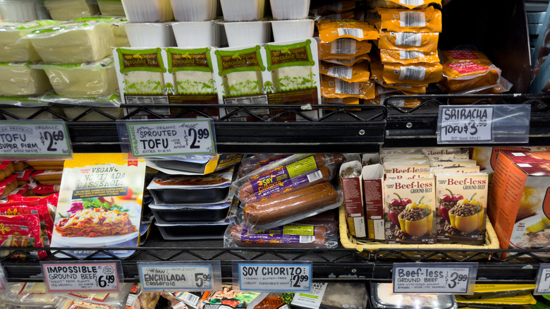 Trader Joe's refrigerated meat case full of products