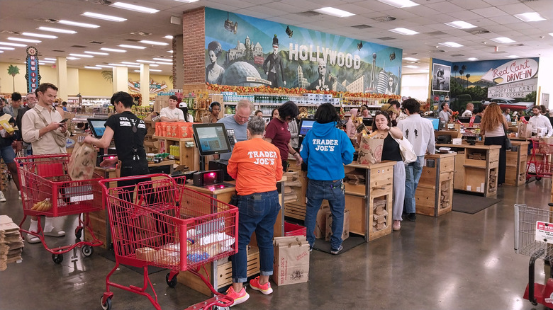 Shoppers at Trader Joe's checkout counters