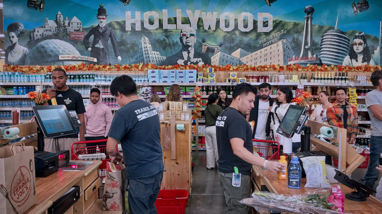 Shoppers line up at Trader Joe's checkout counters