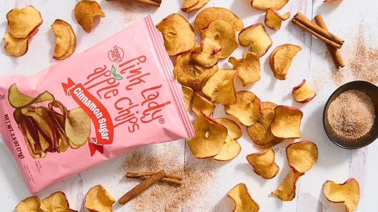 Trader Joe's Pink Lady Apple Chips tumbling from their packaging