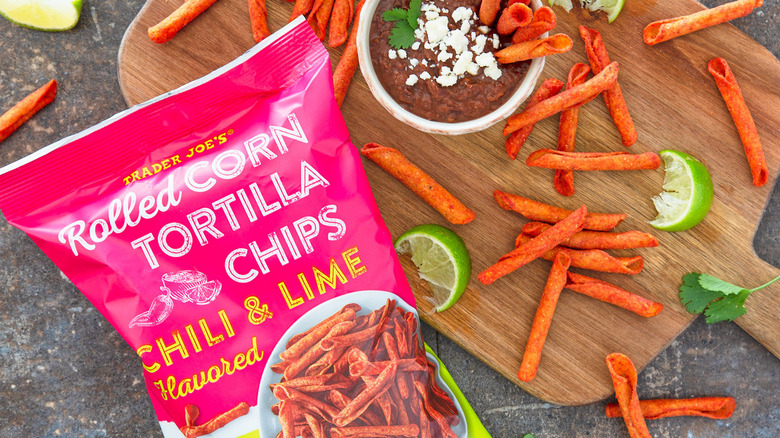 Trader Joe's Chili & Lime chips on a wooden board
