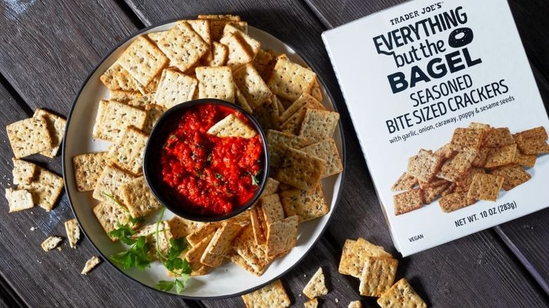 Boxed and plated Everything But the Bagel crackers with dip