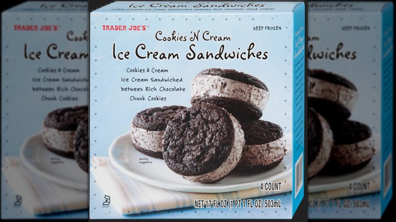 A box of Trader Joe's Cookies 'N Cream Ice Cream Sandwiches.