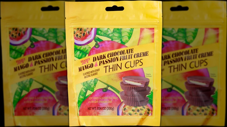A bag of Trader Joe's Dark Chocolate Mango & Passion Fruit Creme Thin Cups.