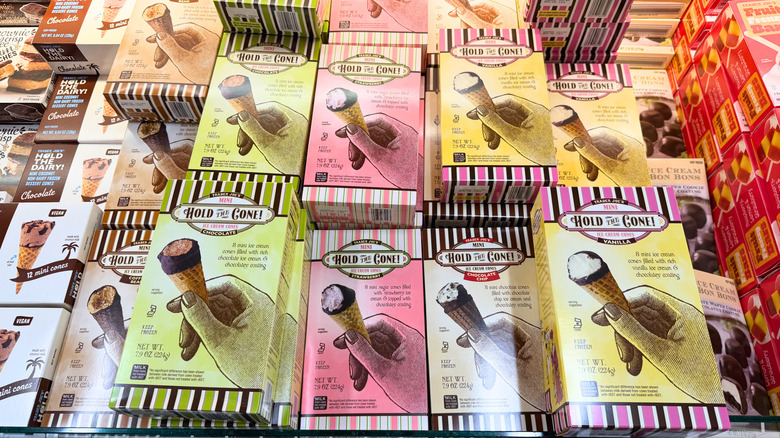 Trader Joe's frozen ice cream section, with lots of different types of hold the cone.
