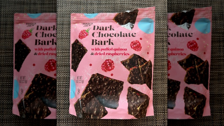 Trader Joe's Dark Chocolate Bark sits against a textured fabric