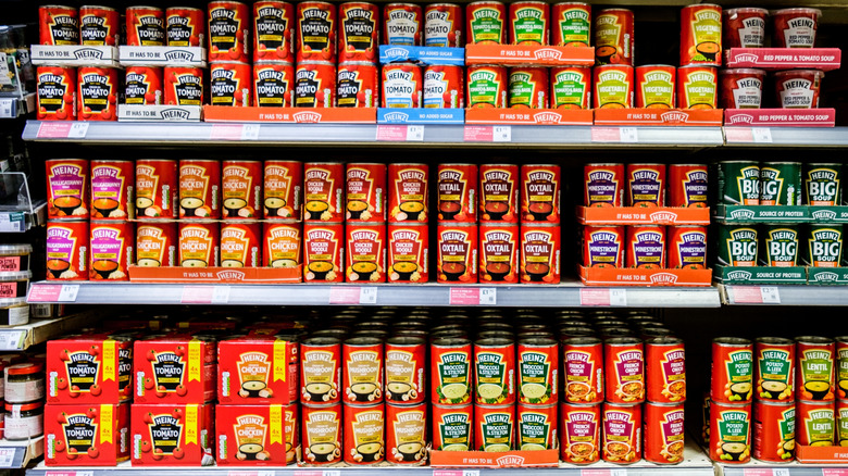 Various canned soups for sale.