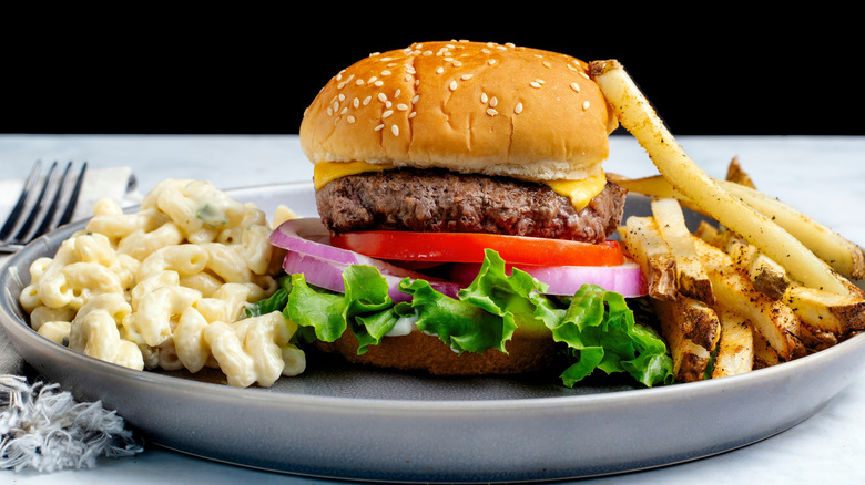 Cheeseburger, fries, and mac and cheese on a plate