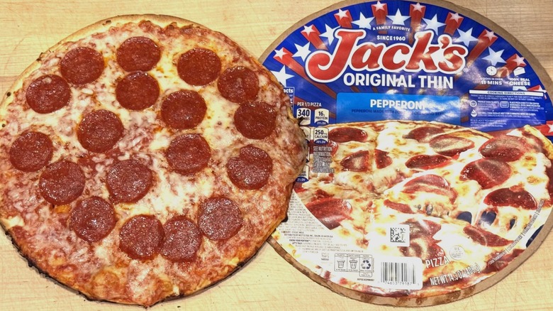 Jack's Original Thin Pepperoni Pizza baked and placed on a wooden cutting board next to the paper top of package
