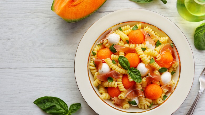 Overhead view of summer melon pasta salad