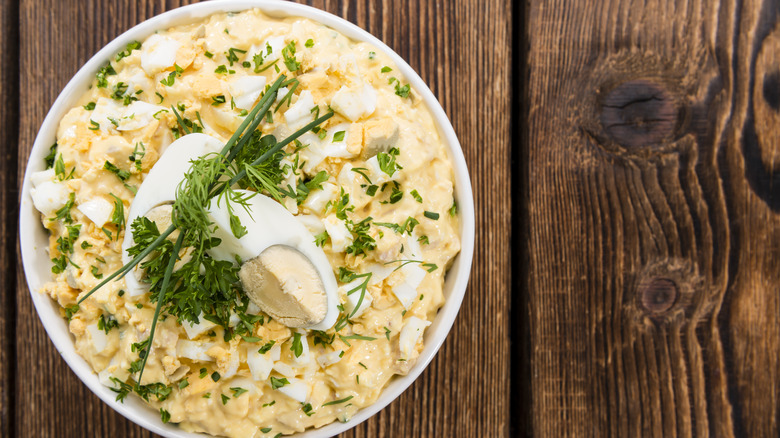 Egg salad in white bowl