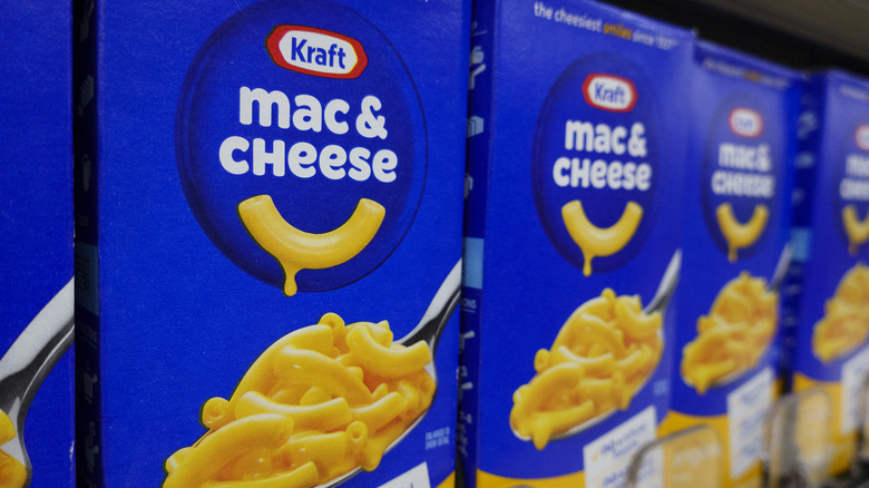 A row of Kraft mac and cheese boxes at the grocery store.