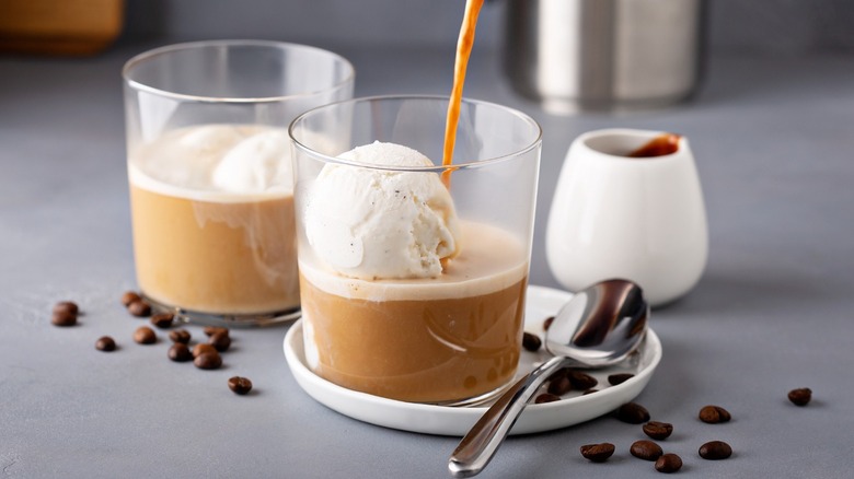 Two glasses of affogato and espresso beans