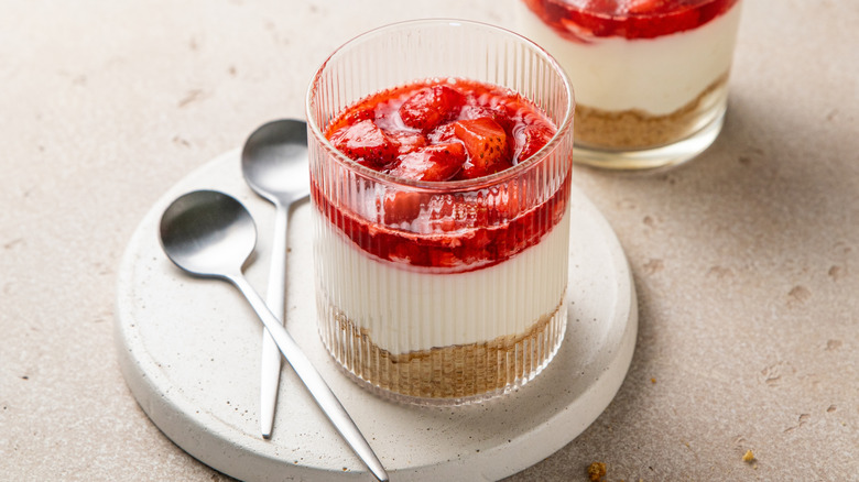 Three-ingredient strawberry cheesecake parfaits in glasses