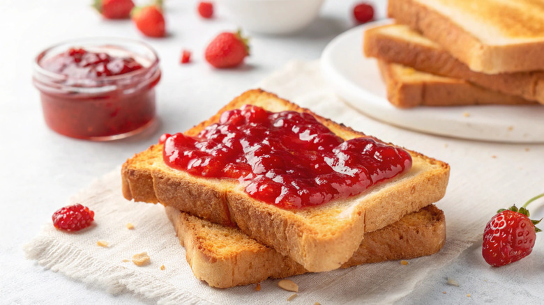Jam on toast sit, openfaced, on a plate.