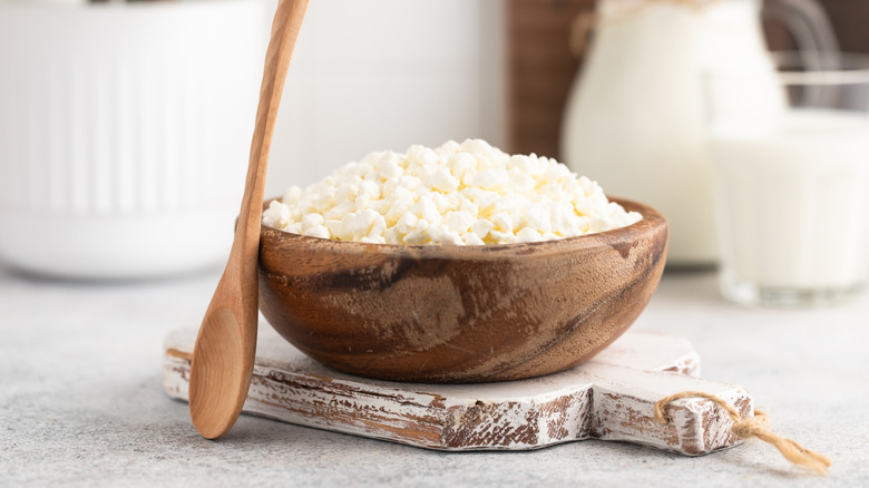 Cottage cheese in wood bowl