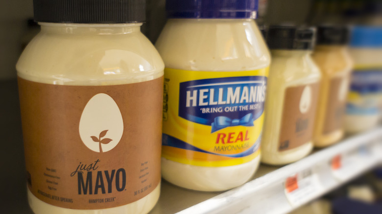 Jars of mayo on store shelf