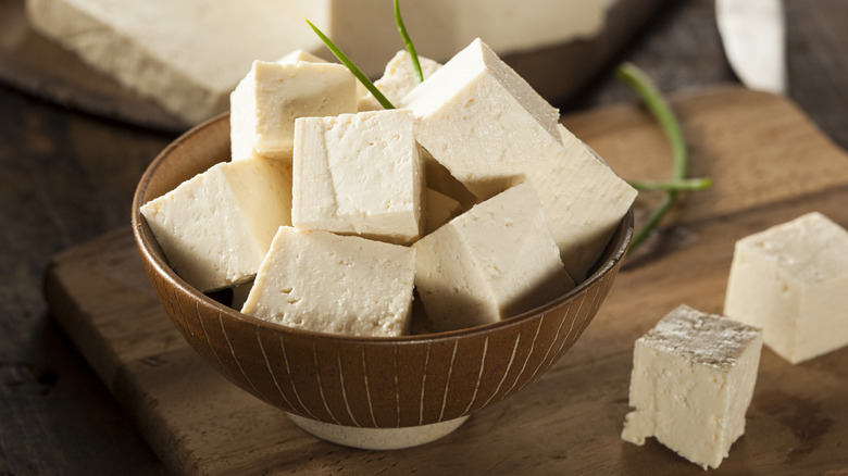 Bowl of raw tofu in cubes