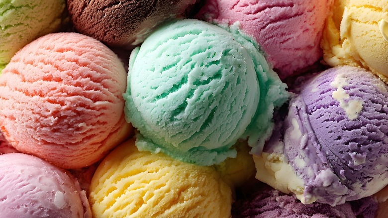 A variety of colorful scoops of ice cream.